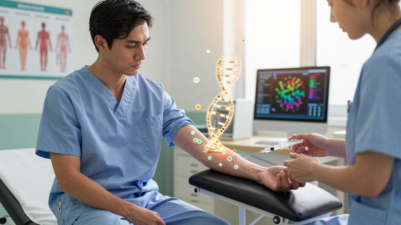 Profissionais de saúde em ação, análise genética com representação digital de DNA durante amostragem de sangue.