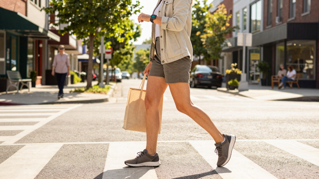 Pessoa a atravessar uma passadeira numa rua urbana com roupa casual e saco de compras.