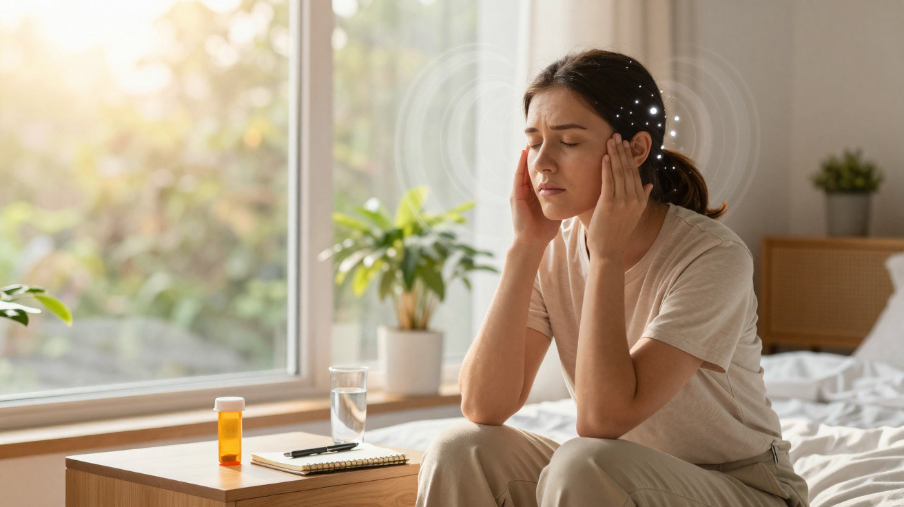 Mulher sentada na cama com expressão de dor, segurando as têmporas, ao lado mesa com medicamentos.