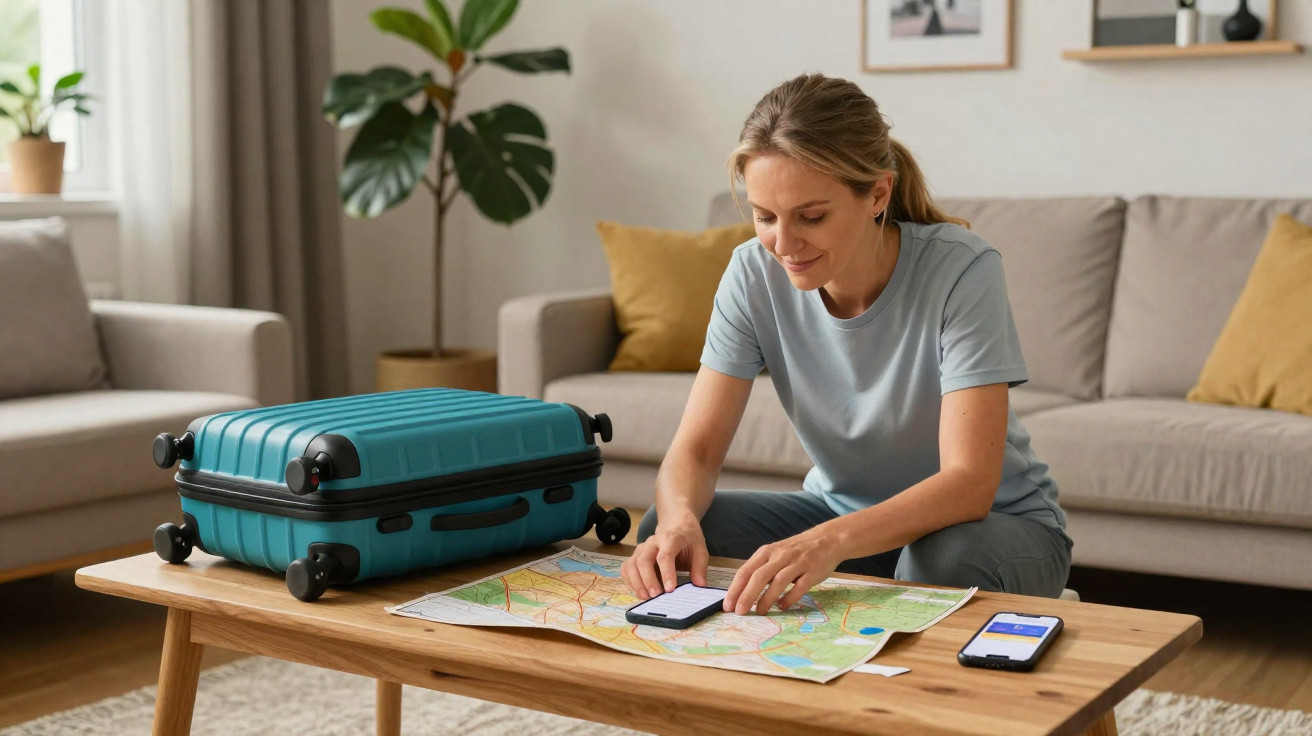 Mulher sentada no chão a planear viagem com mapa e telemóveis numa sala com mala azul na mesa.