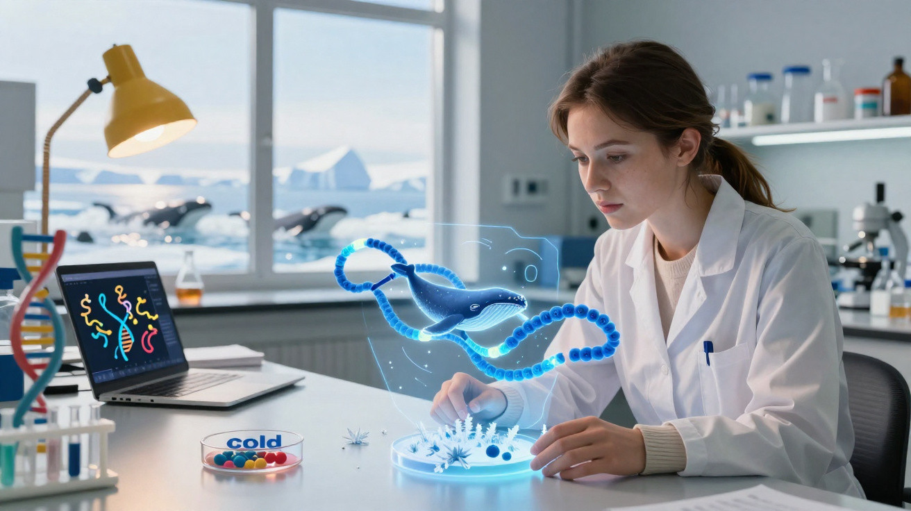 Cientista em laboratório a analisar ilustração holográfica de vírus e hélice de DNA no Ártico.