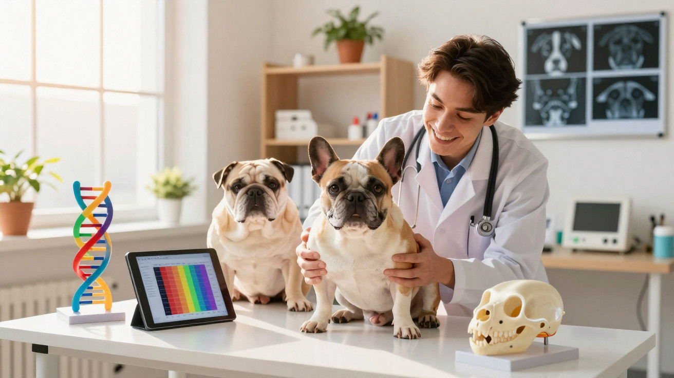 Veterinário a examinar dois cães bulldog francês numa clínica com modelo de DNA e crânio na mesa.