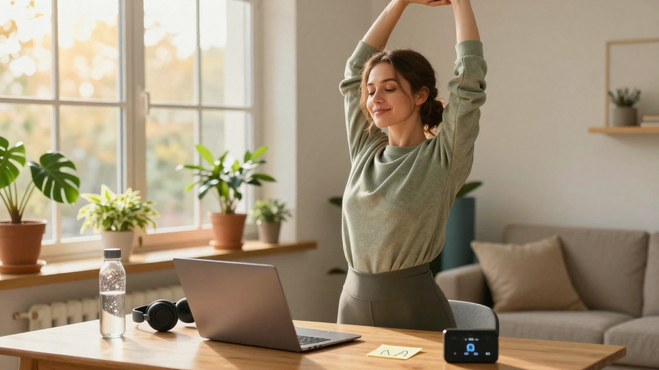 Mulher a esticar os braços enquanto trabalha num portátil numa sala iluminada com plantas e sofá ao fundo.