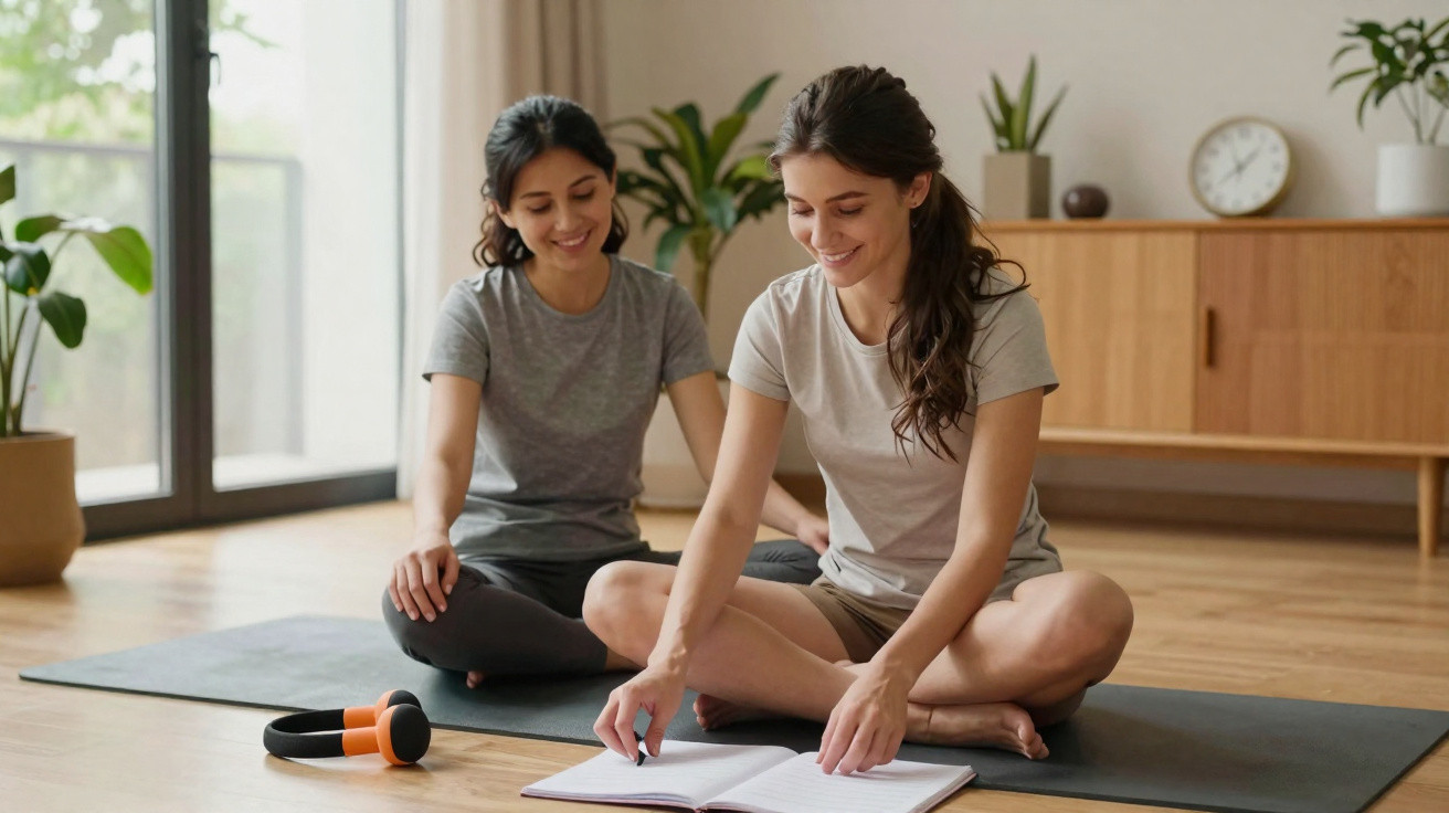 Duas mulheres sentadas no chão de casa com tapetes de yoga, uma lê um livro enquanto a outra observa sorrindo.