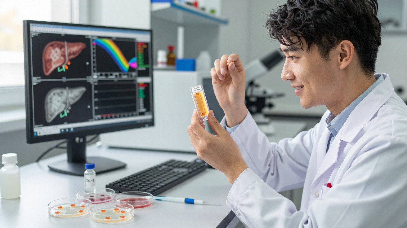 Cientista em laboratório analisa amostra líquida com imagens de fígado num ecrã ao fundo.