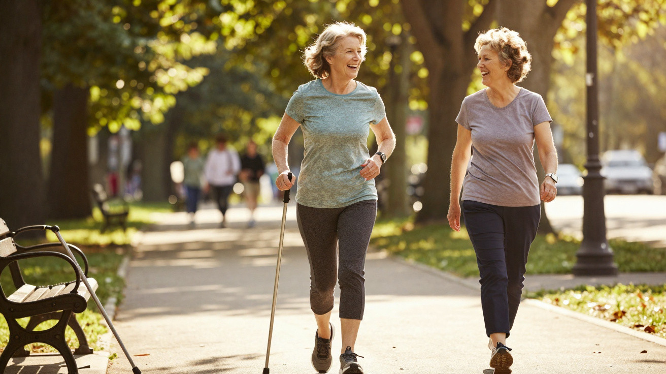 Duas mulheres séniores felizes a caminhar num parque ensolarado, uma com muleta a apoiar-se.