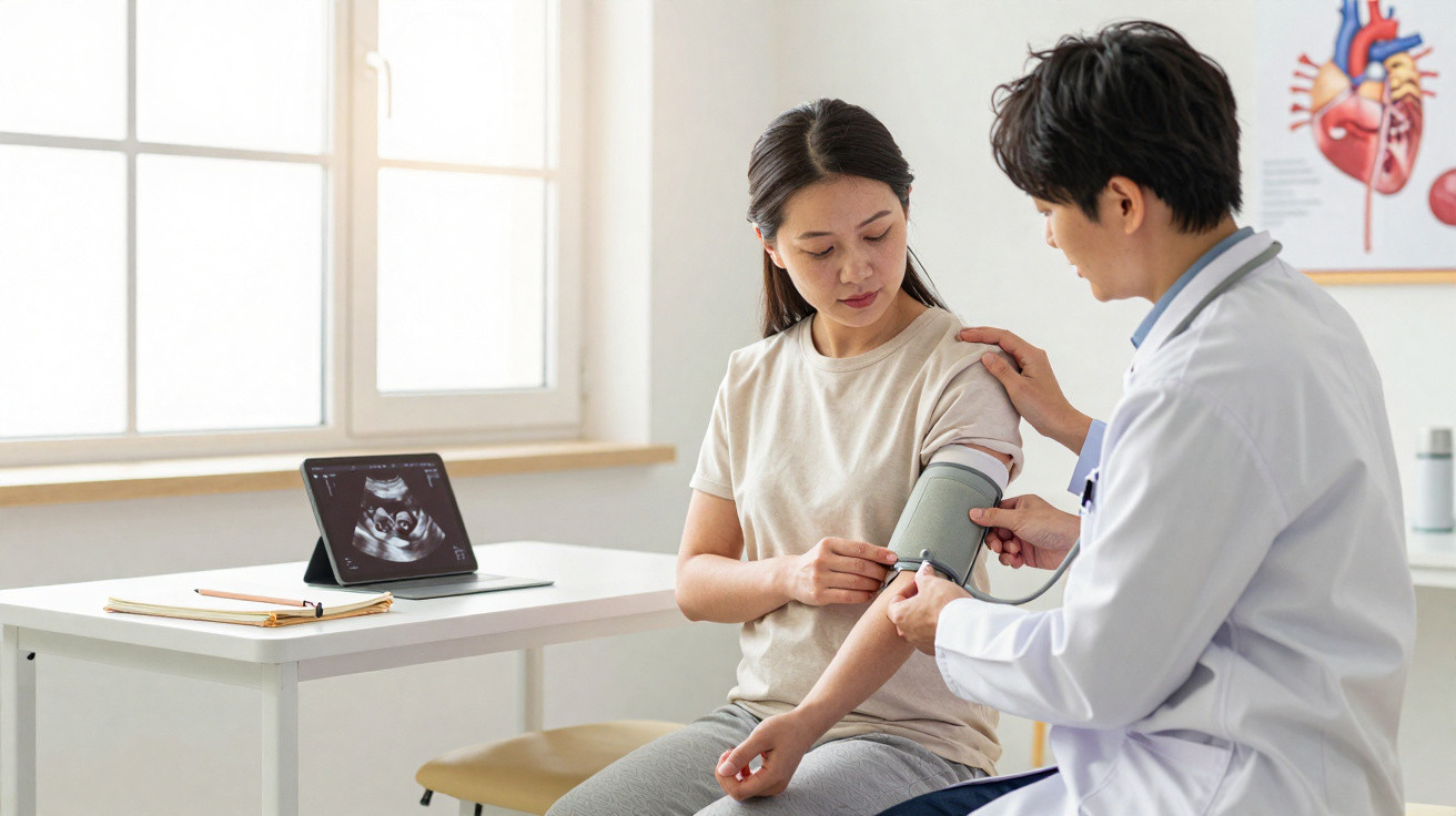 Médico mede a pressão arterial de paciente grávida numa consulta com ecografia fetal visível no tablet.