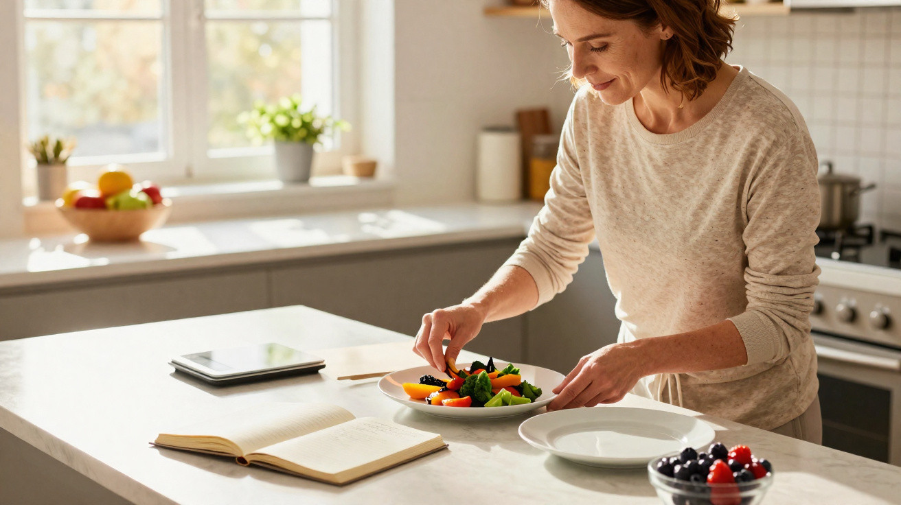 Mulher a preparar prato com legumes coloridos na cozinha luminosa com livro de receita aberto.