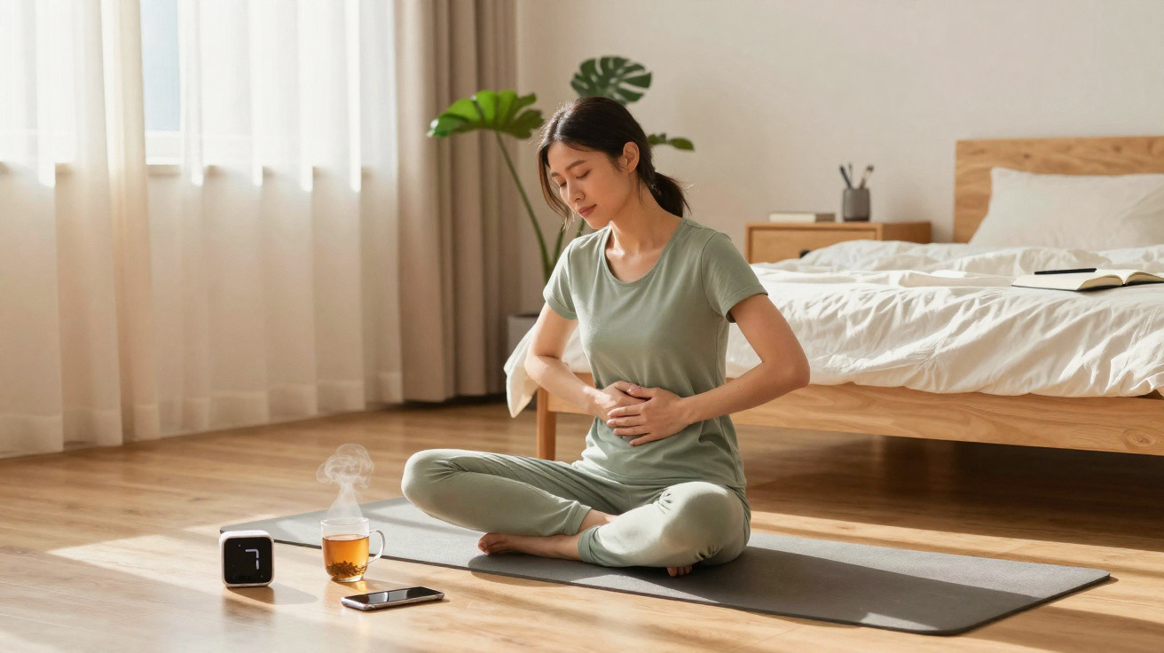 Mulher sentada em tapete de yoga num quarto, com as mãos na barriga, ao lado chá e telemóvel.