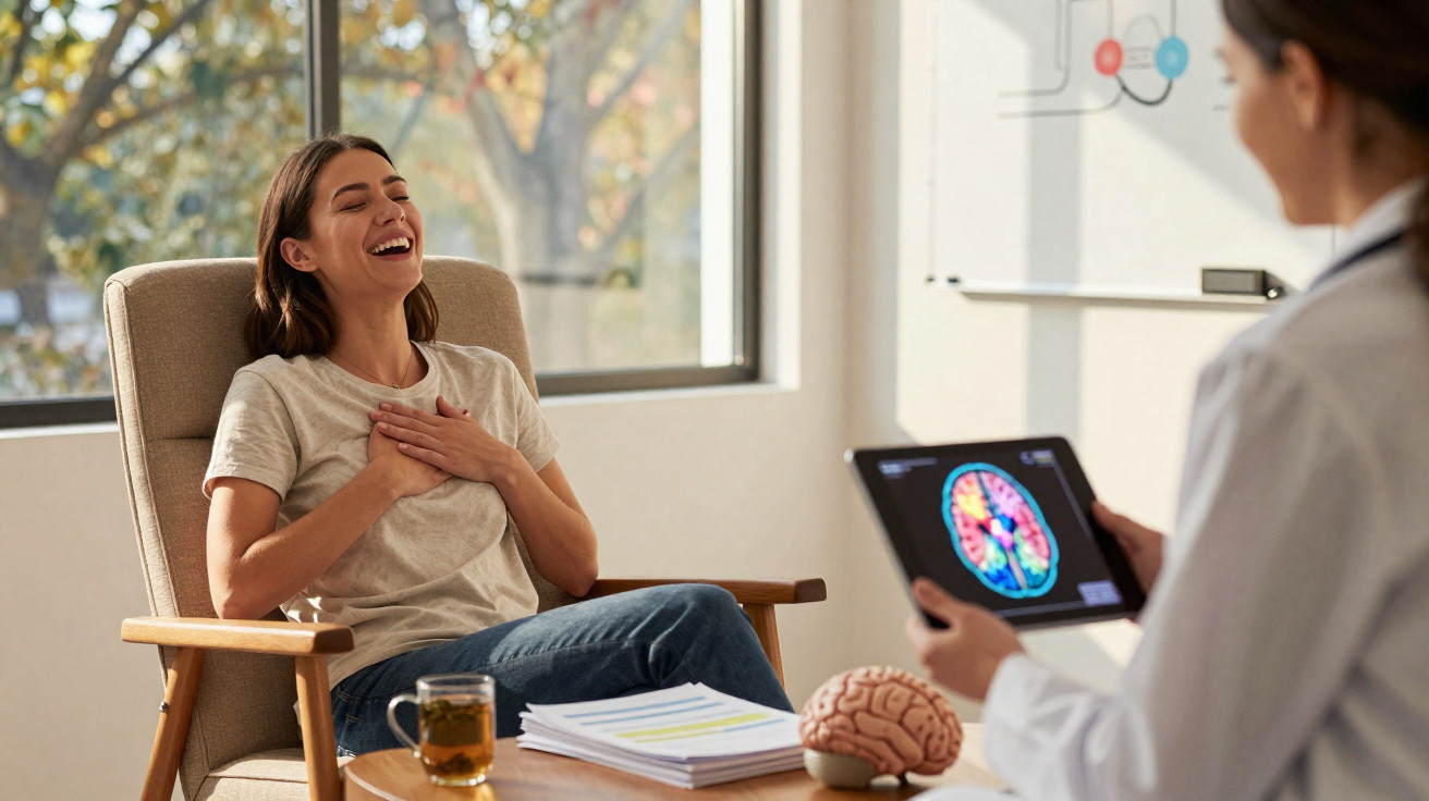 Paciente feliz sentada a conversar com médica que mostra imagem cerebral num tablet num consultório.