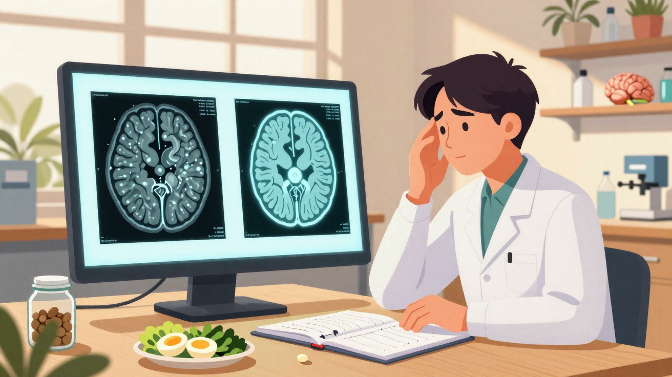 Médico analisa imagens de ressonância magnética do cérebro num consultório, sentado à secretária com anotações.