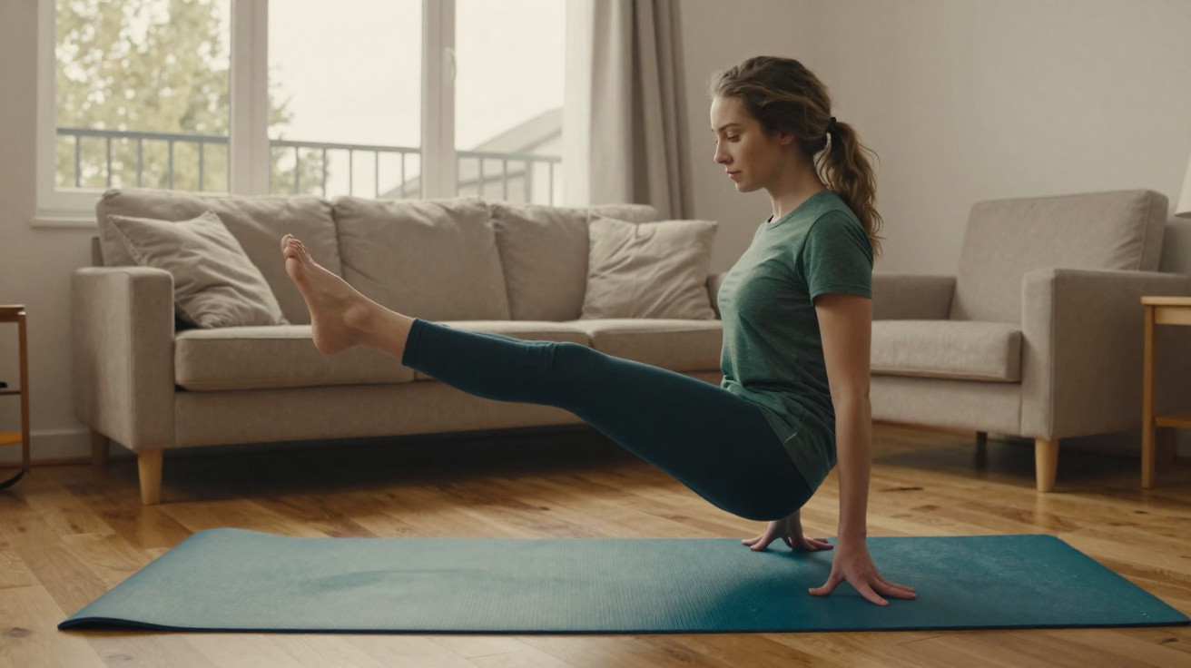 Mulher a praticar exercício de yoga em casa, elevando as pernas enquanto apoia o corpo com as mãos.