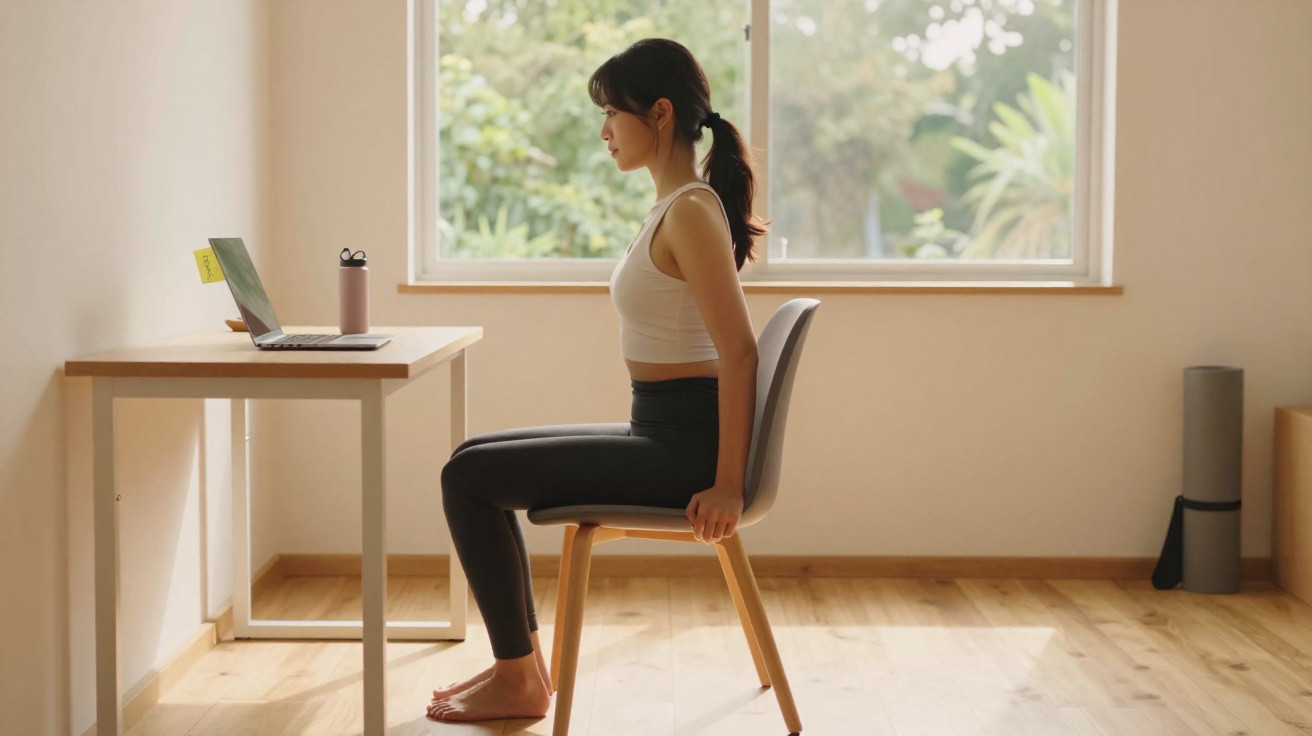 Mulher sentada corretamente numa cadeira de madeira, em frente a uma mesa com computador portátil.