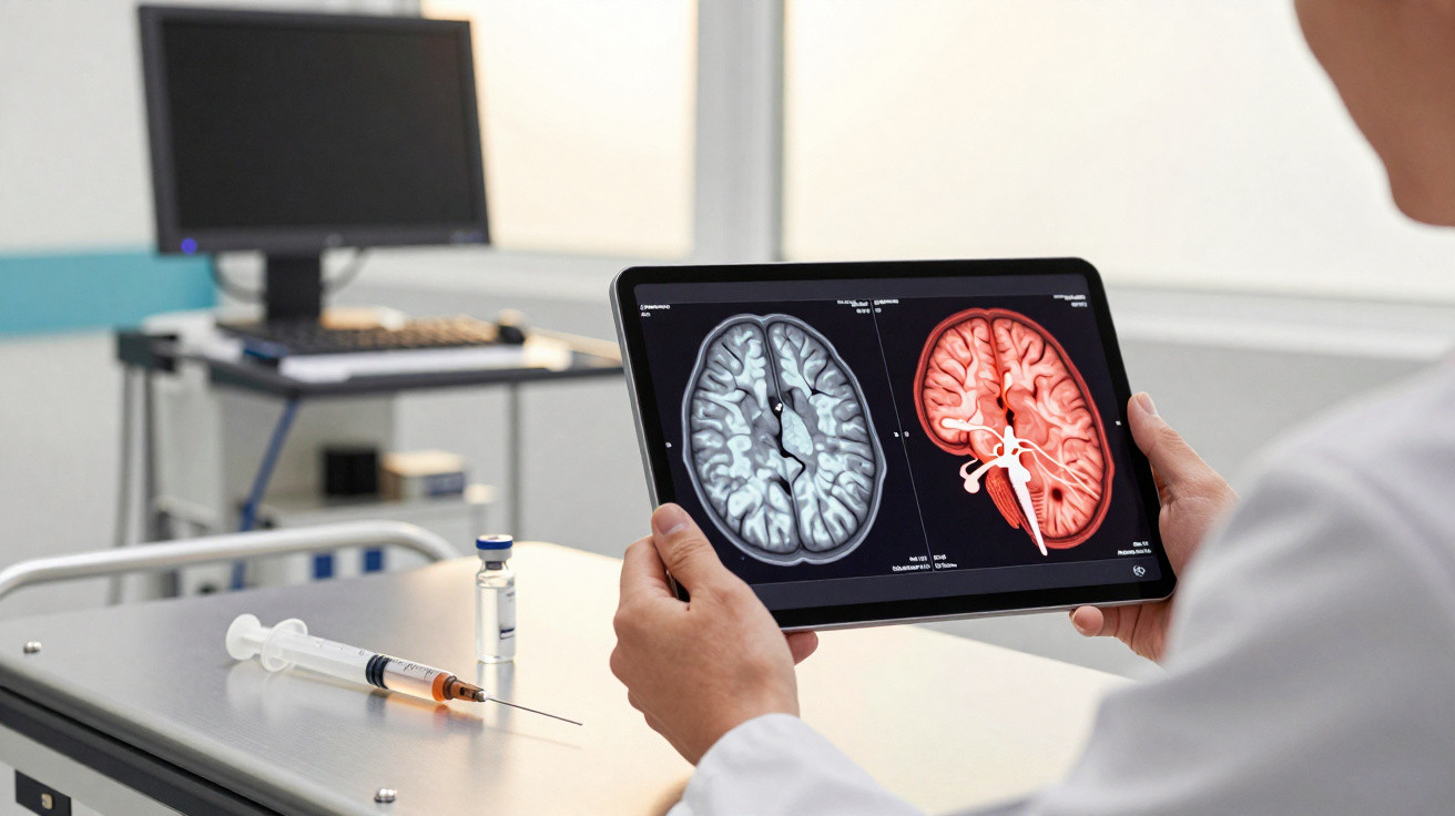 Médico a analisar imagens digitais de um cérebro numa tablet num consultório clínico.