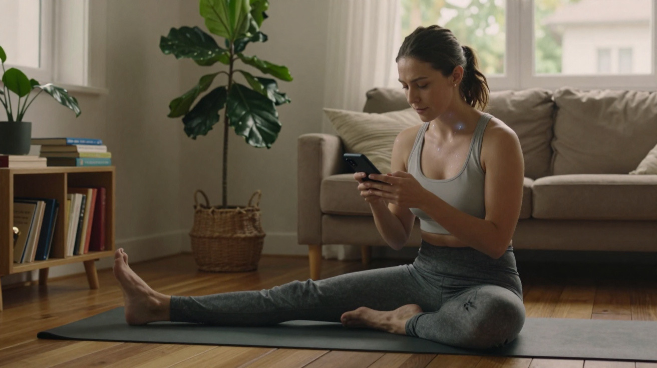 Mulher a fazer alongamentos no tapete de yoga em sala iluminada, a olhar para o telemóvel.