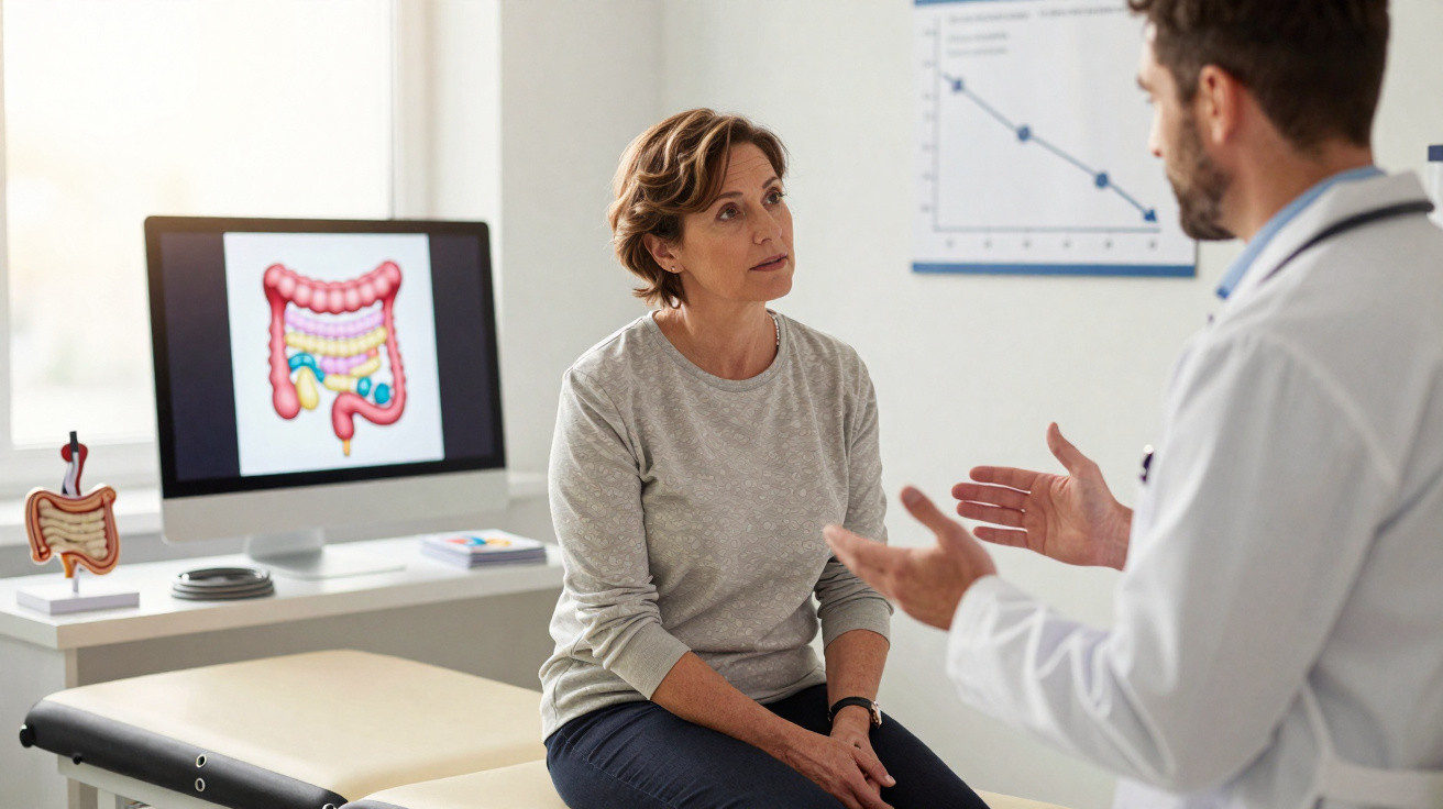Mulher em consulta médica com gastroenterologista, com imagem do intestino no computador ao fundo.