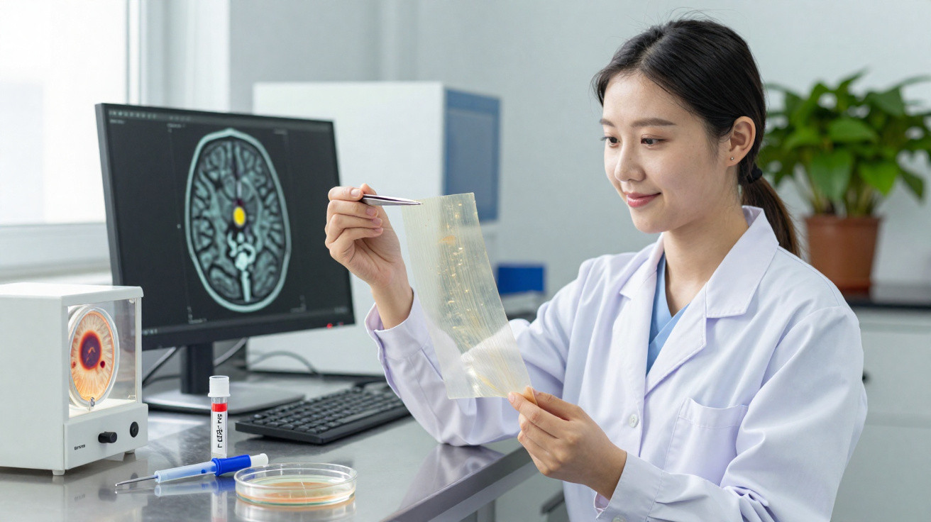 Cientista em bata branca analisa material translúcido com pinças num laboratório moderno.