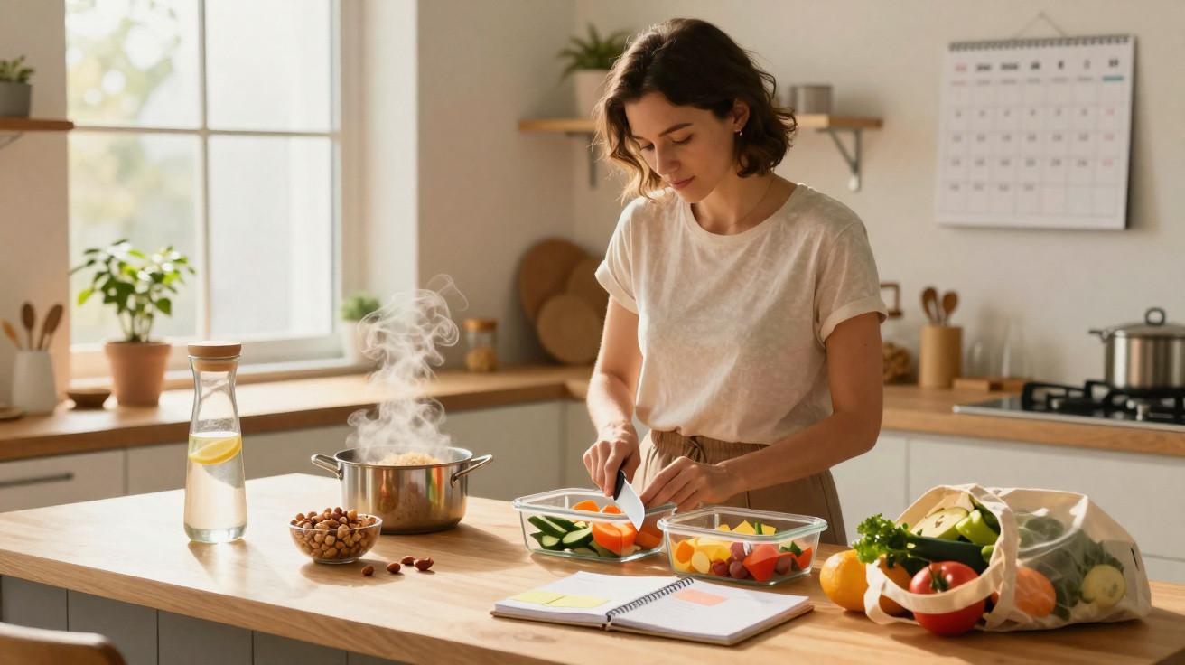 Mulher a preparar legumes na cozinha luminosa com espécies e legumes frescos num saco reutilizável.