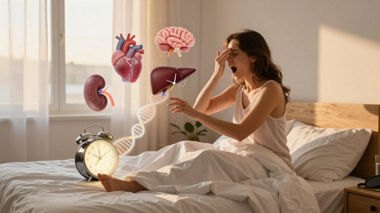 Mulher espreguiçando-se na cama ao acordar, com relógio despertador e órgãos do corpo em ilustração digital.