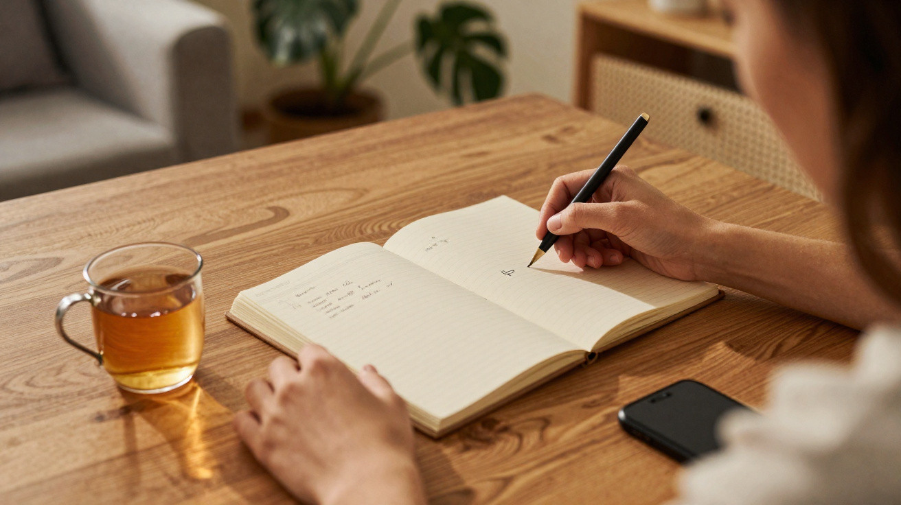 Pessoa a escrever num caderno com lápis, chá numa chávena e telemóvel numa mesa de madeira.