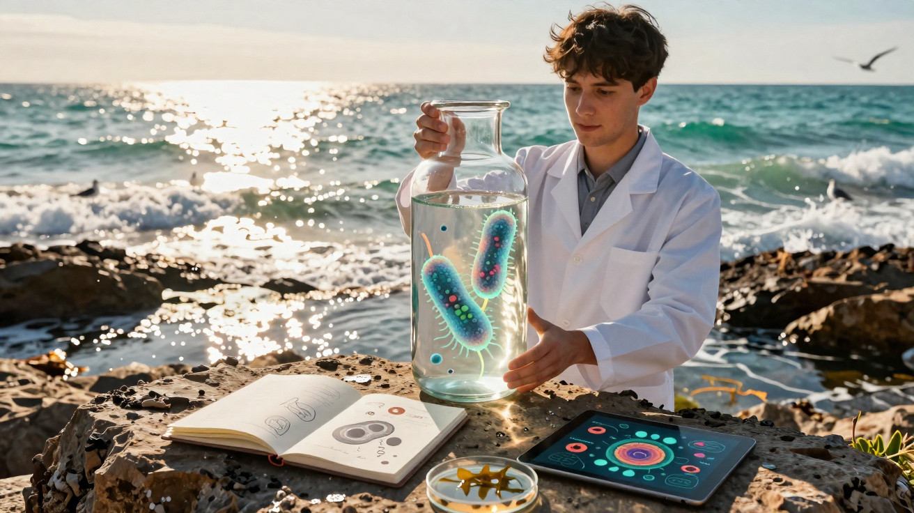 Jovem cientista em ambiente costeiro observa micro-organismos em jarro de vidro com livro e tablet ao lado.