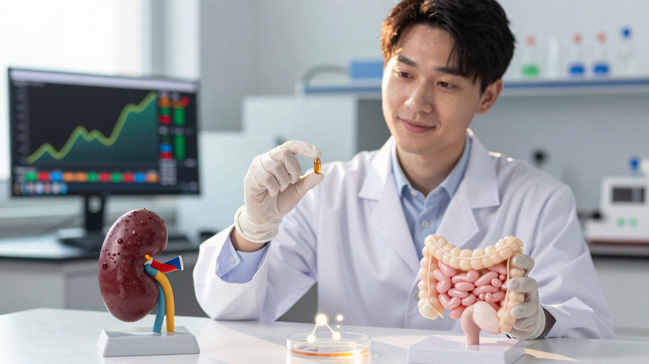 Cientista com bata branca segura cápsula e modelo do intestino, com rim e ecrã gráfico ao fundo num laboratório.