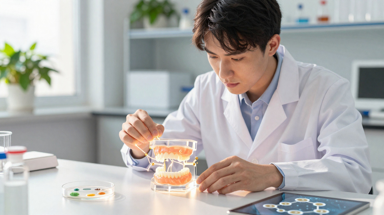 Homem de bata branca examina modelo dentário num laboratório com equipamento científico.