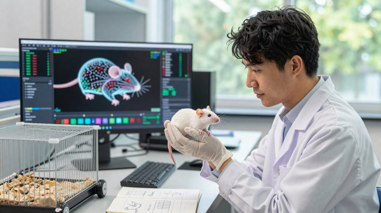 Cientista em laboratório a examinar um rato branco enquanto monitora dados sobre o rato no ecrã do computador.