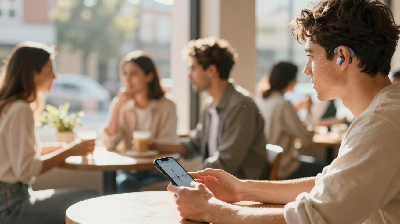 Pessoa jovem com auriculares a usar smartphone num café enquanto outras pessoas conversam ao fundo.