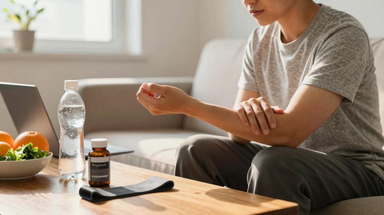Pessoa sentada no sofá a segurar o cotovelo, com garrafa de água, frasco de medicamentos e fruta na mesa.
