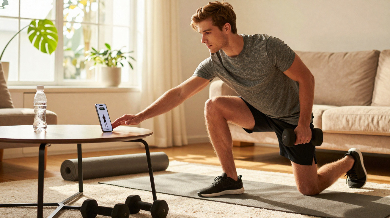 Homem a fazer exercício com halteres em casa, a seguir treino no telemóvel sobre tapete de yoga.