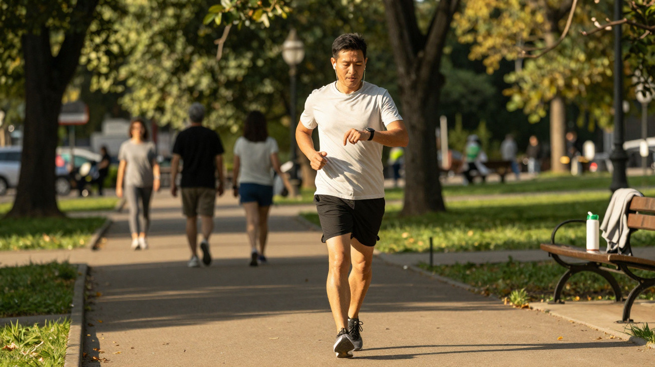Homem a correr num parque com pessoas a caminhar ao fundo numa tarde soalheira.