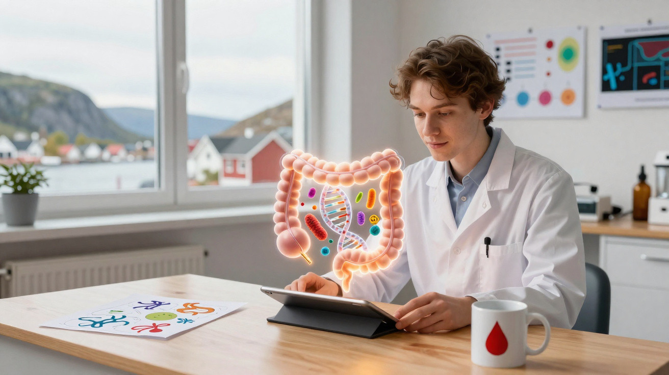 Cientista com bata branca analisa microbioma intestinal ilustrado numa imagem digital sobre uma mesa, com janela e gráficos a