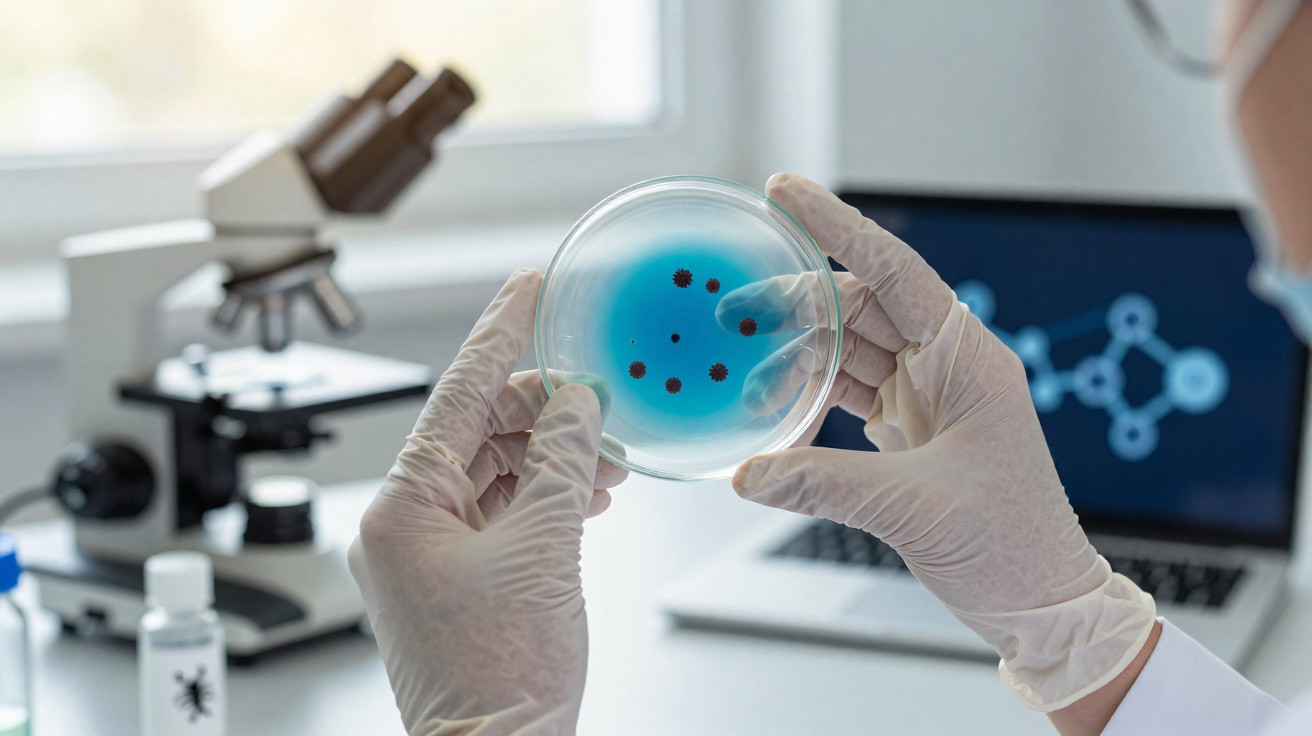 Mãos com luvas seguras seguram uma placa de Petri com colónias de bactérias azuis num laboratório.