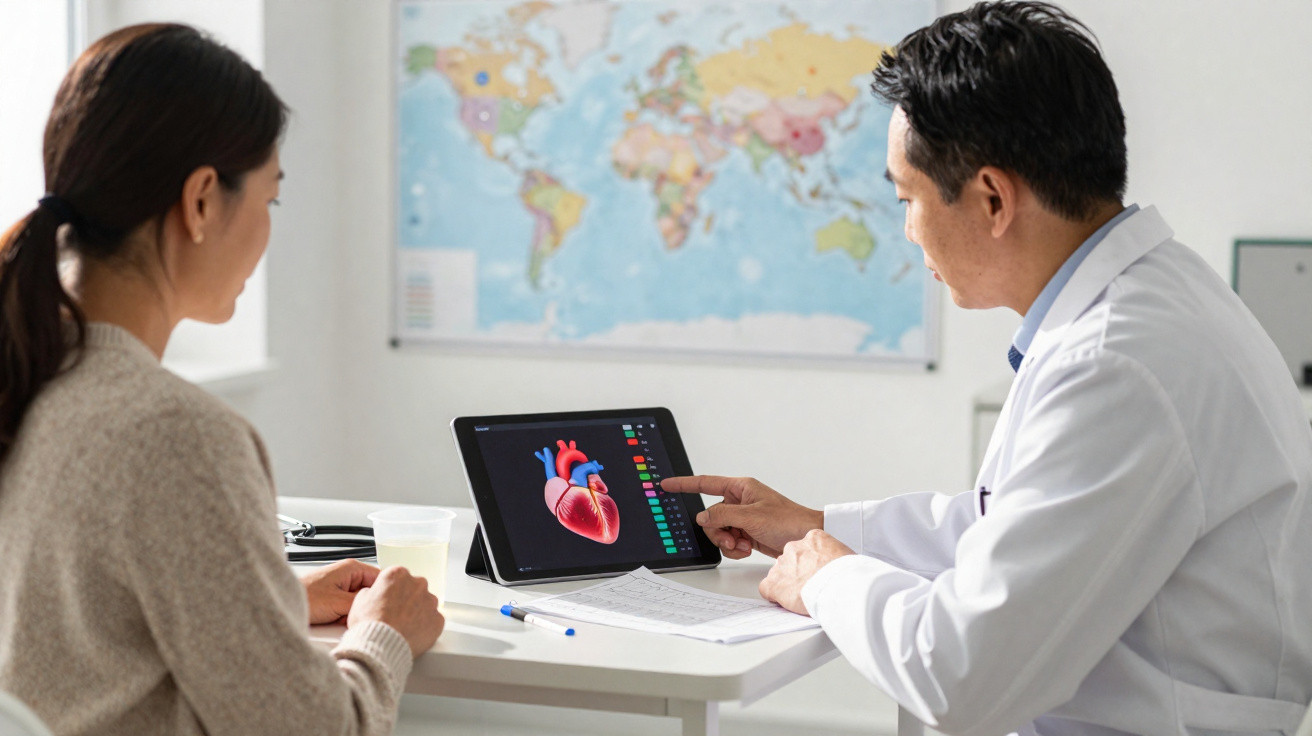 Médico mostra imagem digital de um coração a uma paciente durante consulta num consultório com mapa-mundo.