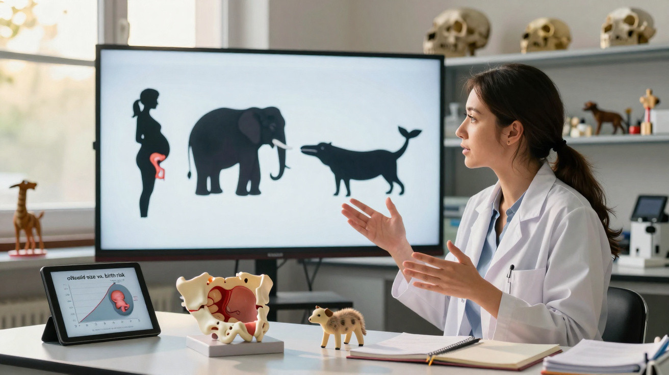 Médica explica risco de parto utilizando ilustrações e modelos de anatomia feminina e animal num consultório.