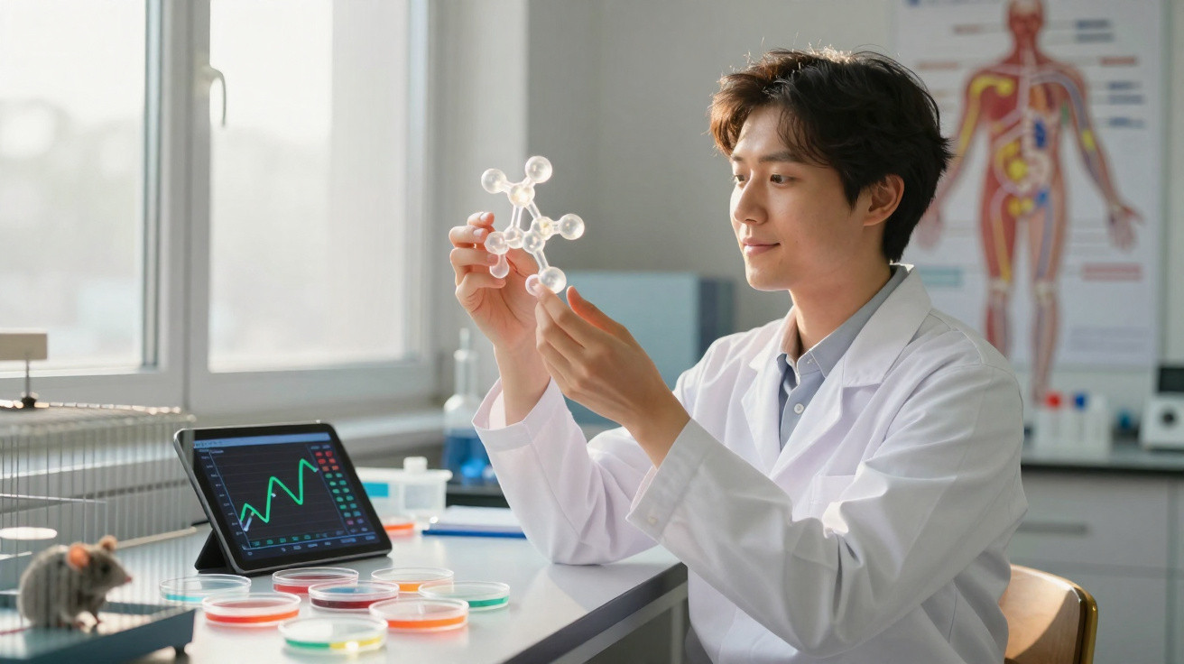 Cientista em laboratório a analisar modelo molecular, com rato e placas de Petri na bancada.