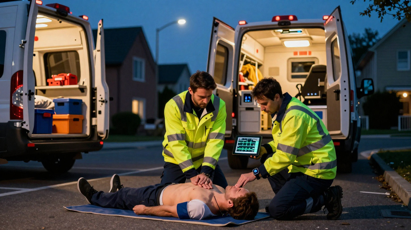 Dois socorristas com coletes refletores praticam reanimação cardiopulmonar num homem deitado junto a ambulâncias.