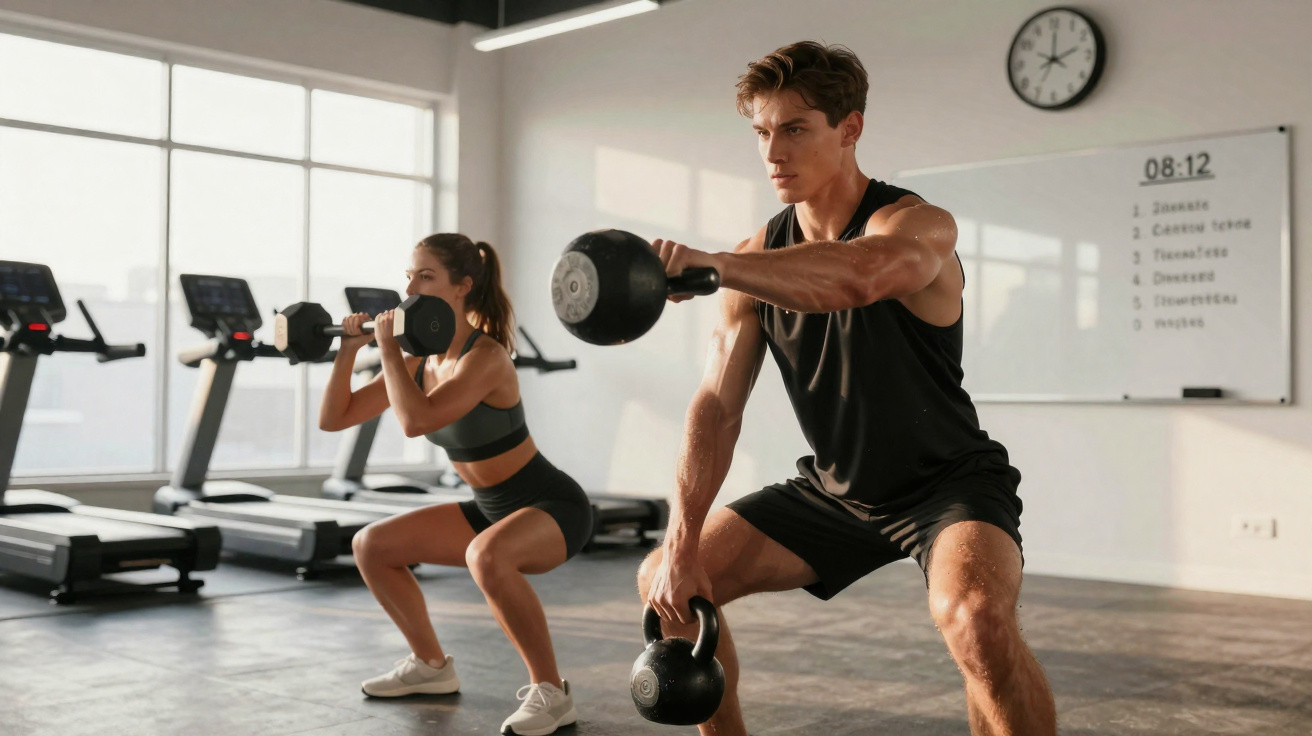 Homem e mulher a fazer exercício com kettlebell e halteres numa sala de ginásio iluminada.