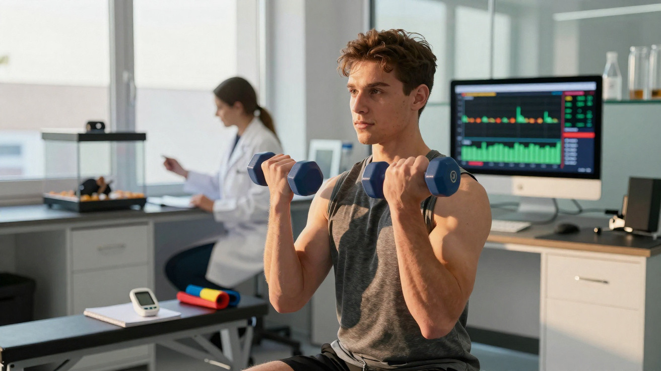 Homem a fazer exercícios com pesos num laboratório com monitorização em tela ao fundo.