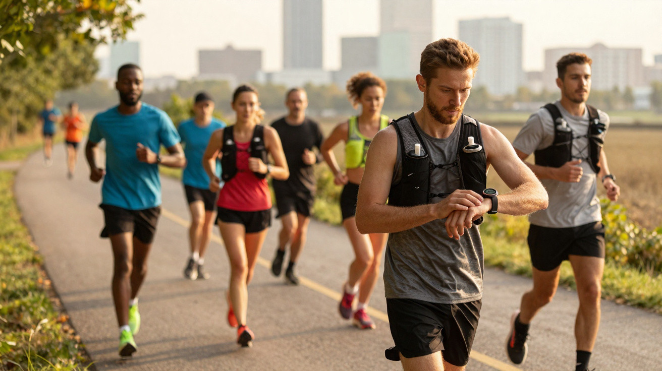 Grupo diversificado de corredores a correr ao ar livre numa cidade ao amanhecer.
