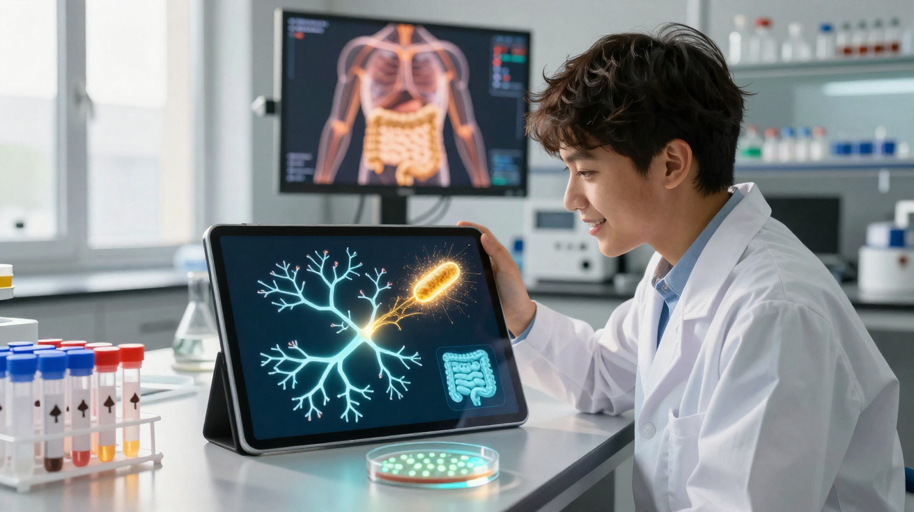 Jovem cientista em laboratório a analisar imagem digital de neurónios e intestinos num tablet.