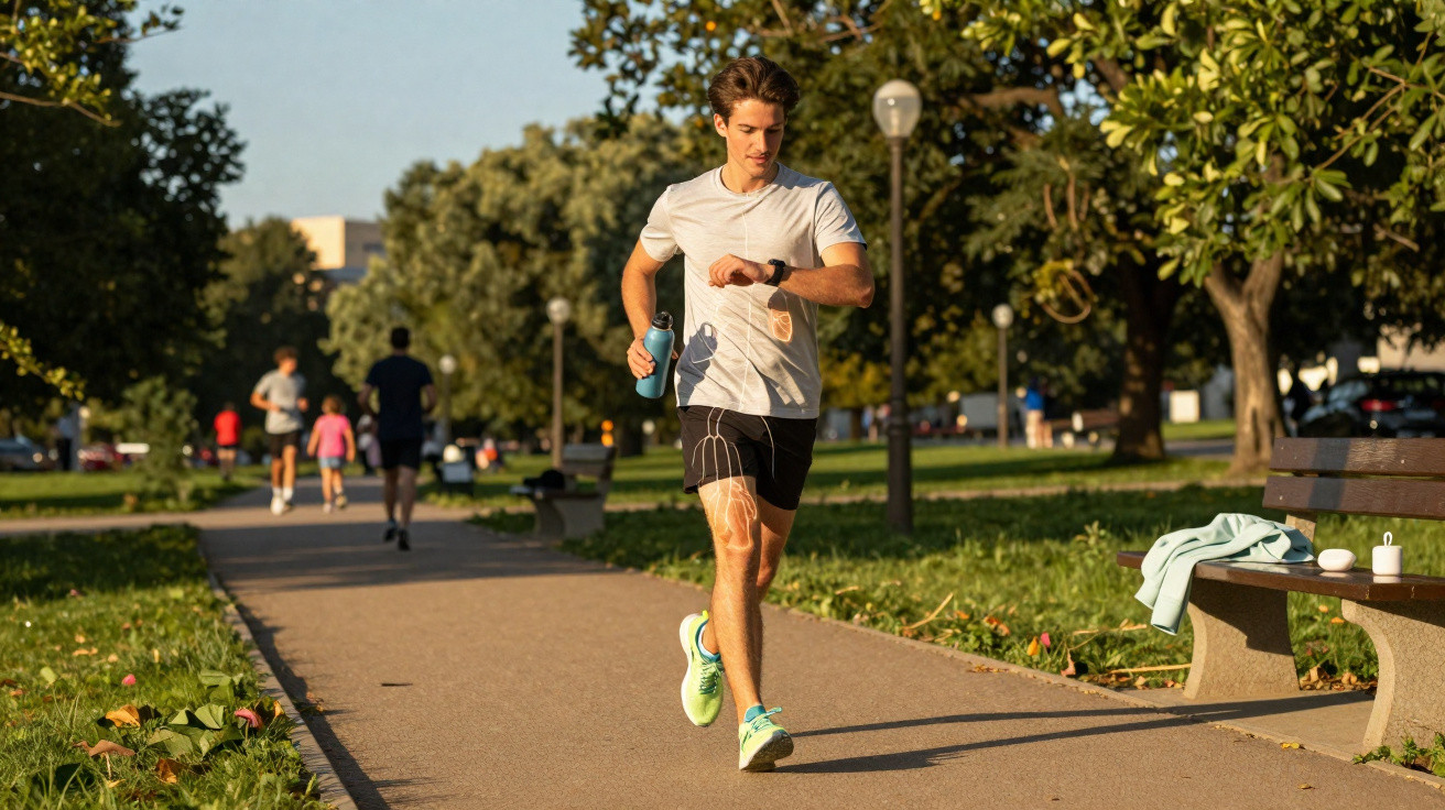 Homem jovem a correr num parque urbano durante o dia, segurando uma garrafa de água e a olhar para o relógio.