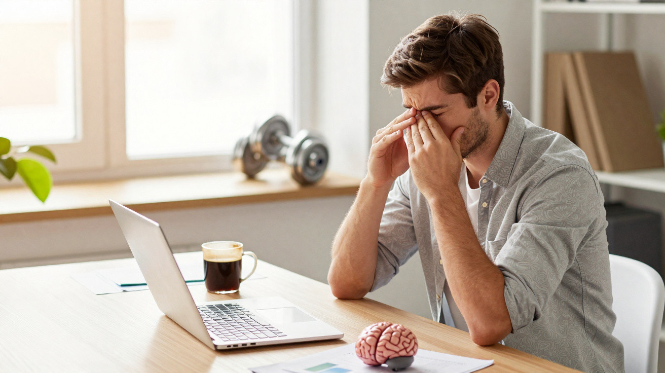 Homem sentado a trabalhar no computador com expressão de cansaço e mãos a esfregar os olhos numa mesa cheia.