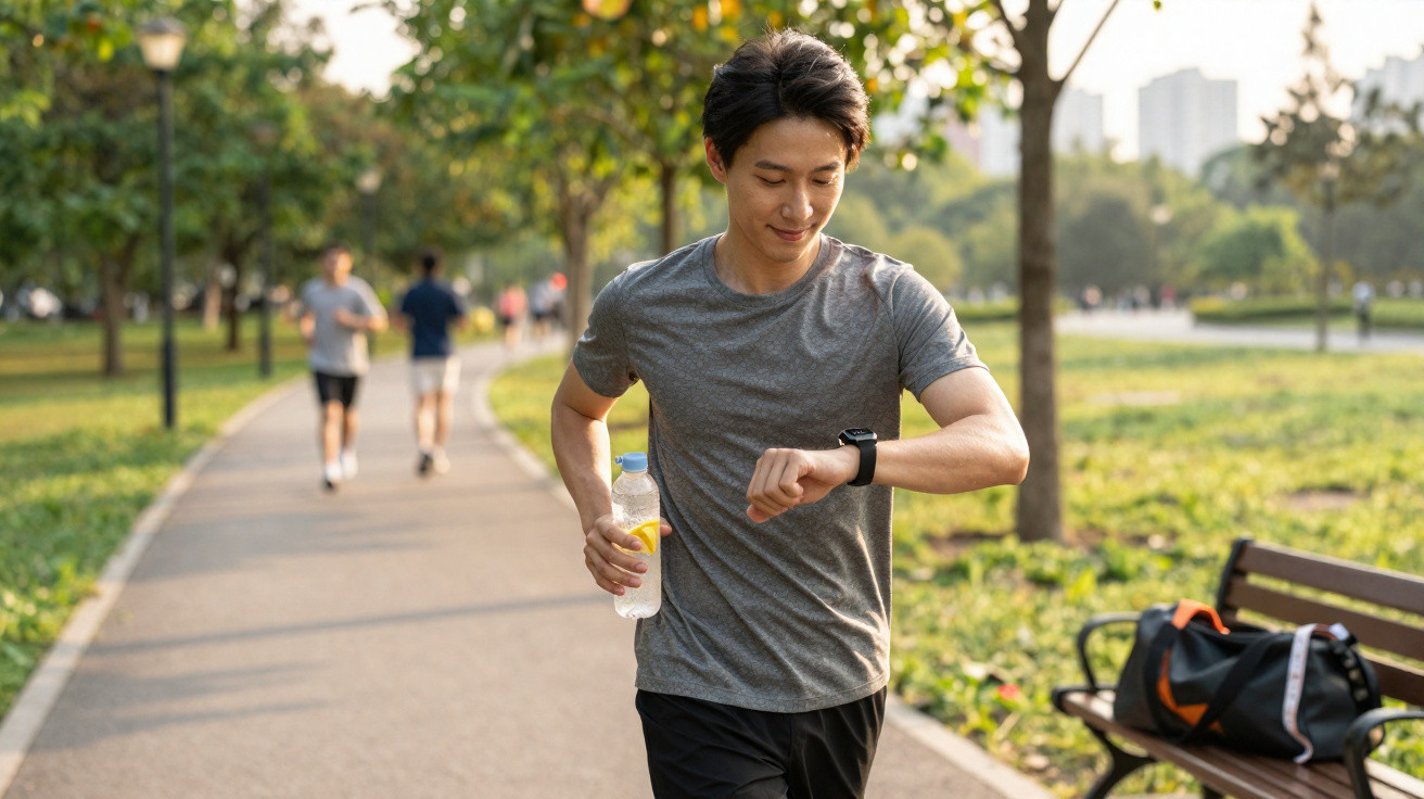 Homem a correr num parque a olhar para o relógio, segurando uma garrafa de água com limão.