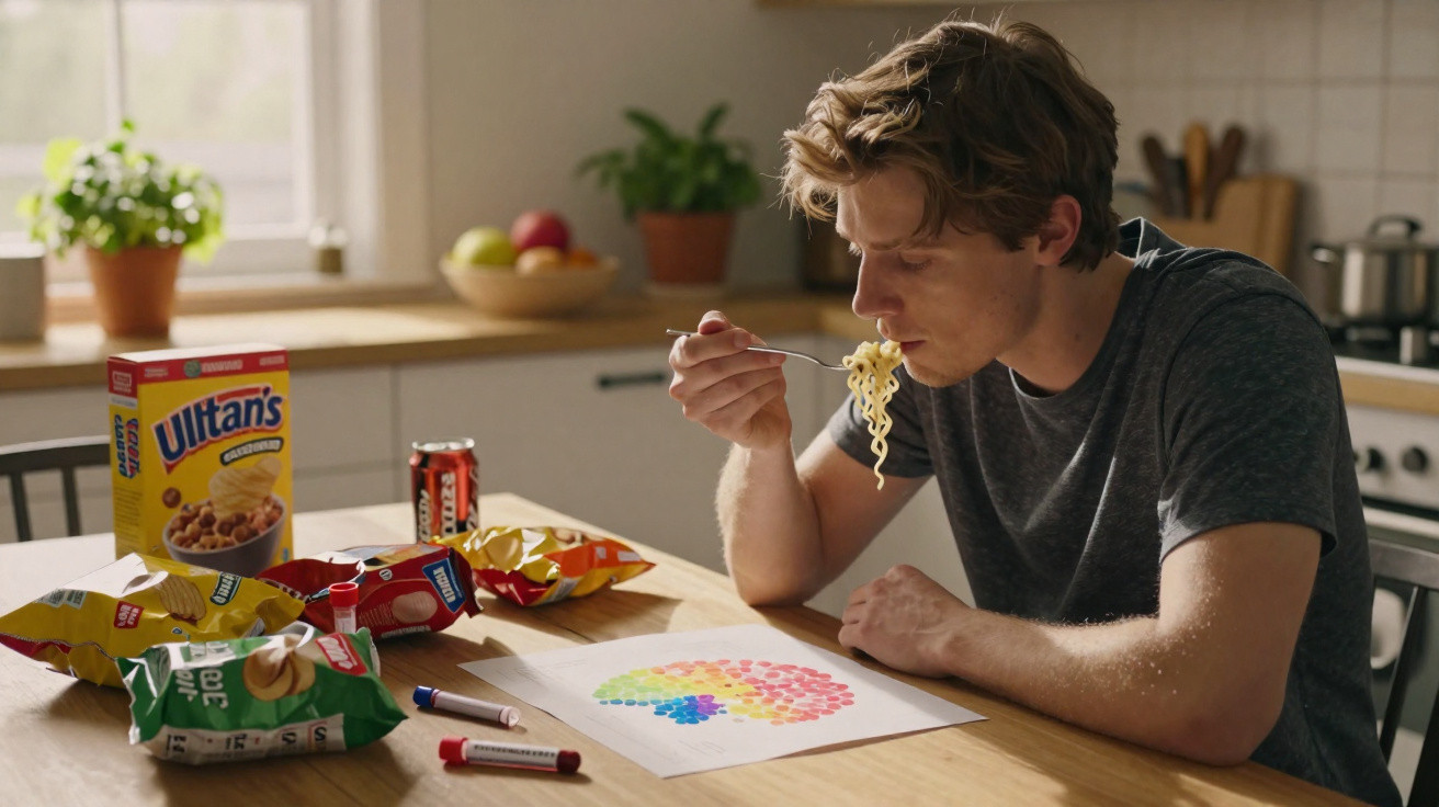 Homem jovem a comer noodles na cozinha sentado à mesa com vários snacks e uma folha colorida à sua frente.