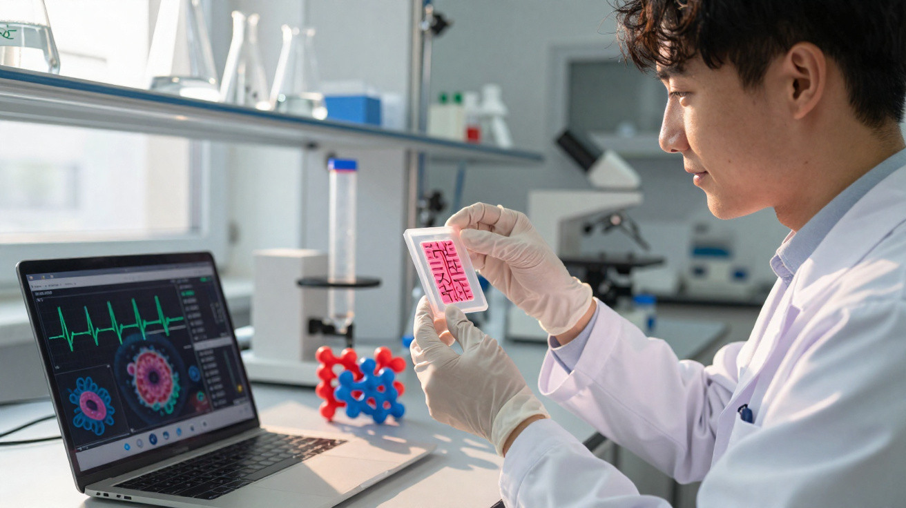 Cientista num laboratório a analisar um chip rosa, com dados científicos no ecrã do portátil à frente.