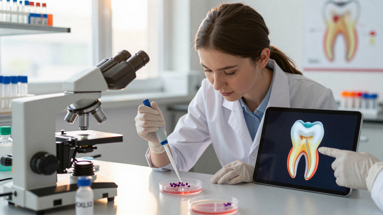Mulher cientista com bata branca examina amostras em laboratório com microscópio e imagem digital de dente humano.