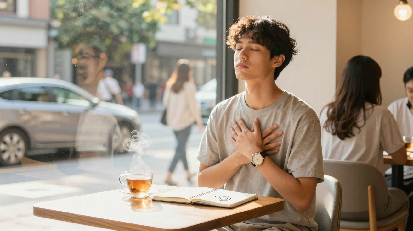 Jovem sentado num café com os olhos fechados, mãos no peito, chá quente e caderno aberto à sua frente.