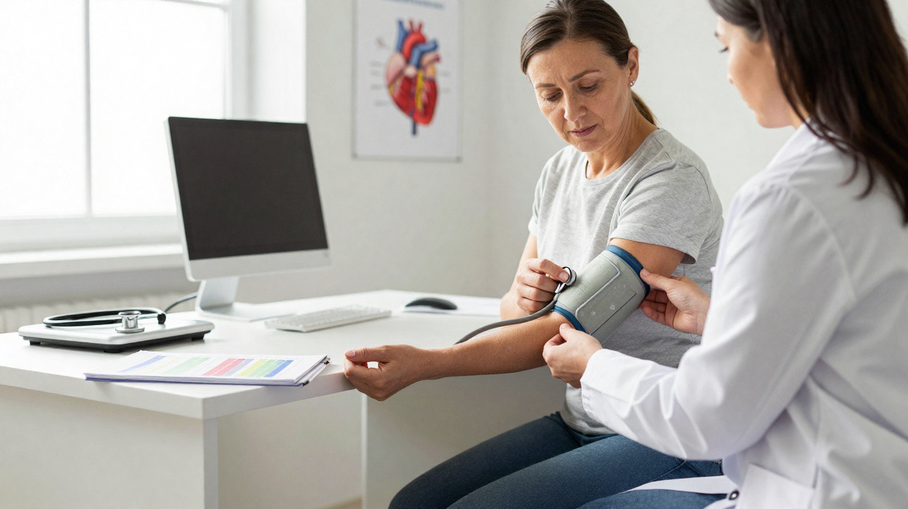 Médica a medir a pressão arterial de paciente numa consulta num consultório moderno e iluminado.